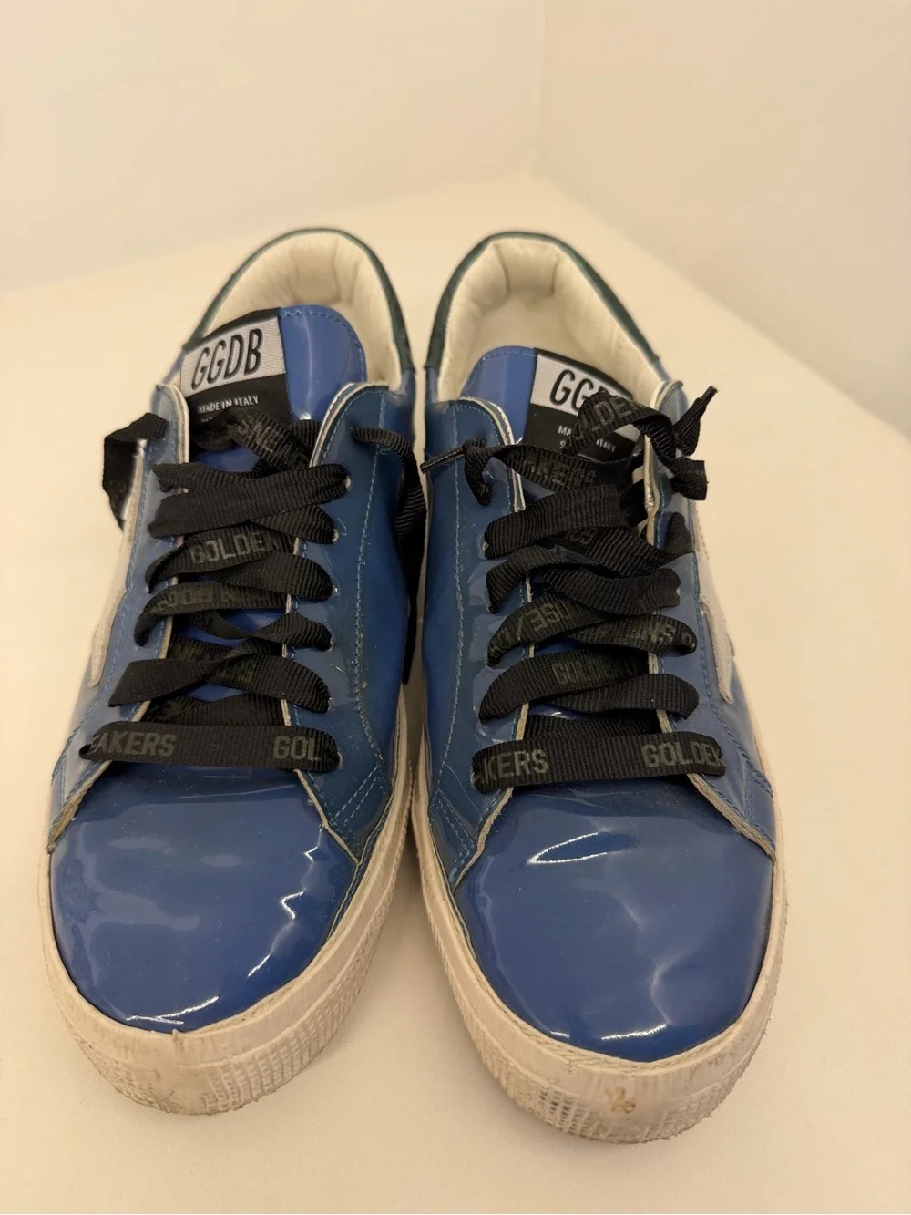 Golden Goose MAY- Blue Patent Superstar Sneakers with White Star, Green Heel Tab - Picture 2 of 4